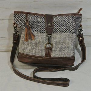 MYRA Canvas Brown Gray Leather Large Shoulder Messenger Crossbody Bag Purse